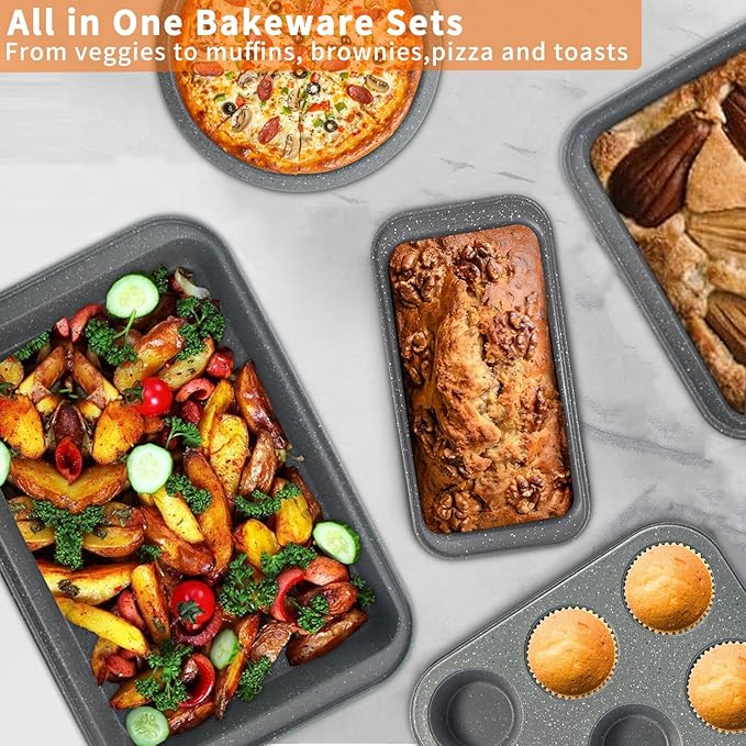 Baking Pans Set, Bakeware Sets with Grey Marble Coating, 5-Piece Baking Set for Oven, Nonstick Premium & Even Heating, Stackable, Carbon Steel, with Round/Square Cake Pan, Muffin, Bread Tin