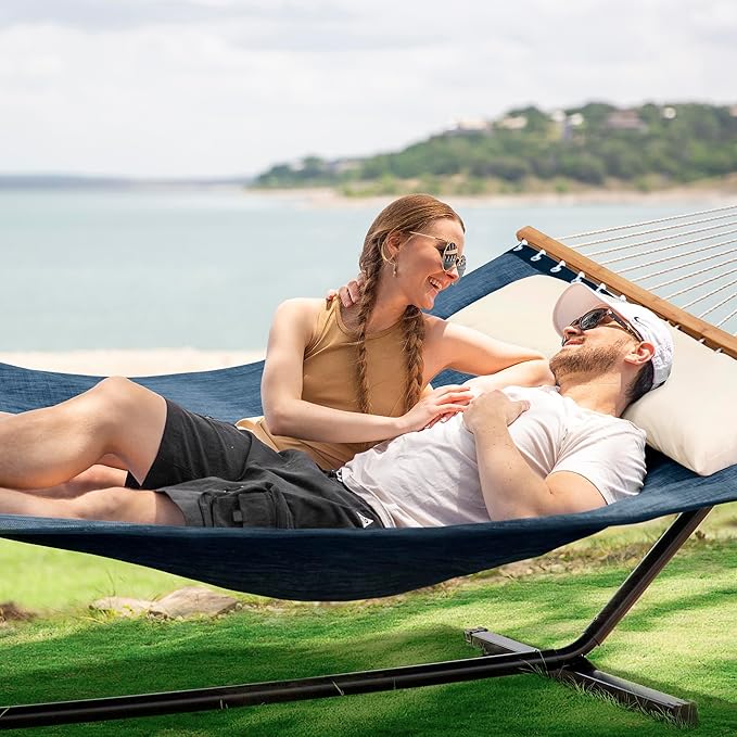 SUNCREAT Hammocks for Outside with Stand, Quick Dry Two Person Hammock with Head Pillow, 450 lbs Capacity, Navy