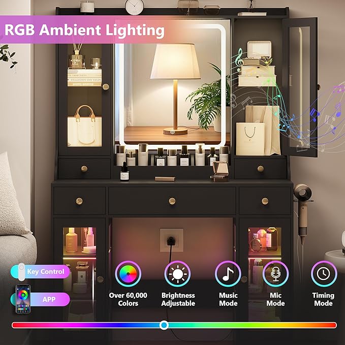 Black Vanity Desk with Mirror and Lights, Makeup Vanity Table with Lighted Mirror, 5 Drawers & RGB Cabinet, Dressing Table Set with Charging Station for Girls Bedroom, 3 Lighting Modes