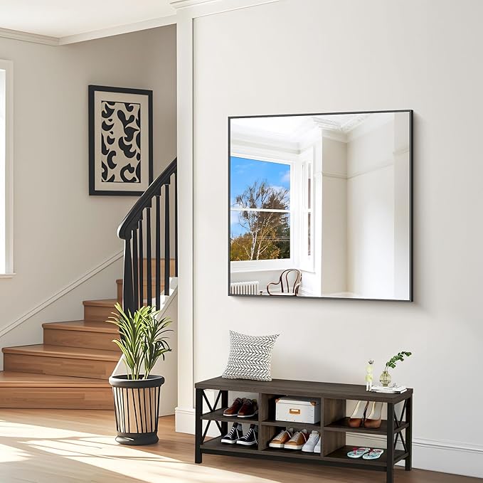 BONEWEI Bathroom Mirror,48x48 inch Large Wall Mirror for Bathroom Wall Mounted,Black Rectangle Wall Mirrors,Square Mirror for Living Room,Farmhouse, Bedroom Entryway, Horizontal/Vertical