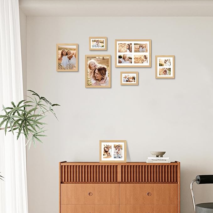 Solid Oak Wood Frame - 11x14 Natural Wooden Picture Frames with Real Tempered Glass,5 Opening 4x6 with Mat or 11x14 Without Mat for Wall Decor Art Photo(Color Natural)