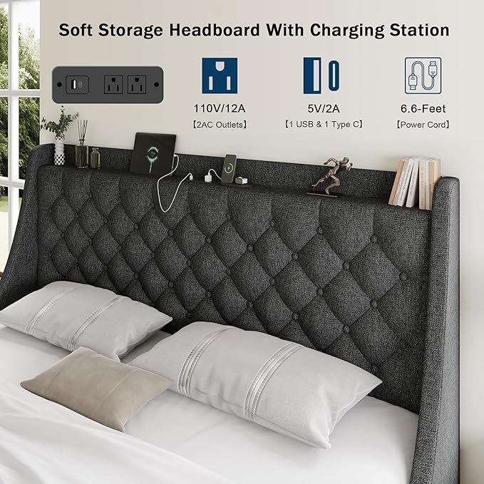 King Size Bed Frame with 4 Storage Drawers, Giant Upholstered Wingback Headboard, Fast Charging Station, No Box Spring Needed, Noise-Free, Dark Gray