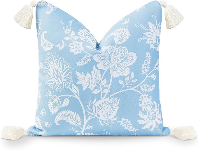Hofdeco Premium Coastal Hampton Style Patio Indoor Outdoor Throw Pillow Cover Only, 18"x18" Water Resistant for Backyard, Couch, Baby Blue Floral Tassel