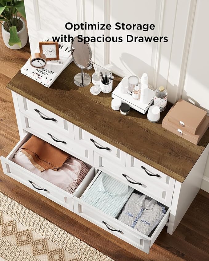 Pipishell White 7 Drawers Dresser for Bedroom, 47" Wide Wood Rustic Chest of Drawers with Bar Handles, Farmhouse Storage Dressers Organizer for Bedroom, Living Room, Hallway, Brown & White