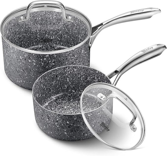 Saucepan Set, Nonstick 2Qt & 3Qt Sauce Pans with Lids, Small Pot with Lid - Natural Granite, Grey