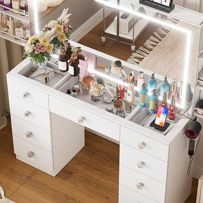 Makeup Vanity Desk with Large Mirror and Lights,White Vanity Table with Glass Top,9 Drawers,3 Color Modes,Sliding 2 Wall Mounted Jewelry Storage Racks,Suitable for Bedroom Ladies and Girls