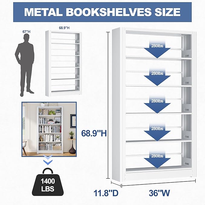 Heavy Duty 5-Tier Metal Bookshelf, Industrial Tall Book Shelf with Adjustable Shelves, 280lbs Shelf Capacity, Large Office Bookcase, Display Book Organizer for Living Room Bedroom Library -69”H, White