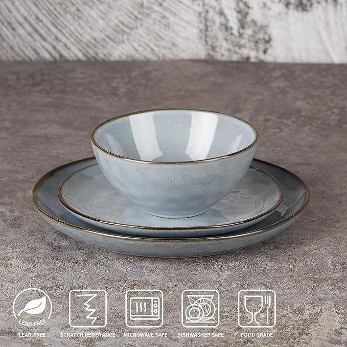 Famiware Ocean Round Plates and Bowls Set, 18 Pieces Dinnerware Sets, Dishes Set for 6, Reactive Glaze, Microwave and Dishwasher Safe, Scratch Resistant, Blue