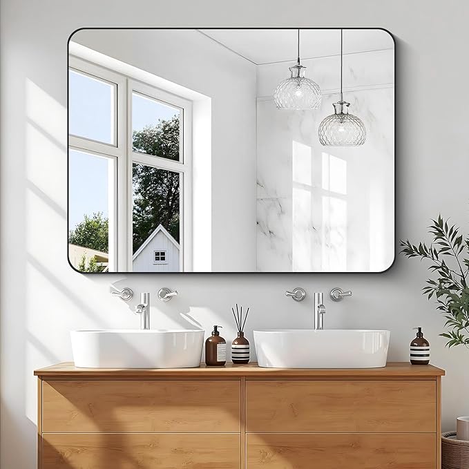 KOCUUY 36"x48" Large Rectangle Vanity Mirror, Black Metal Frame Mirror with Rounded Corner, Modern Design of Upgraded Shatterproof Glass for Bathroom, Bedroom, Living Room, Entryway