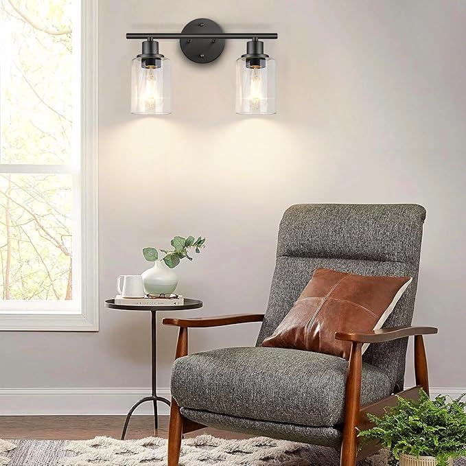 FOLKSMATE Bathroom Light Fixtures, 2 Light Matte Black Vanity Light, Vintage Wall Sconces Lighting, Modern Bath Wall Mounted Lights with Glass Shade