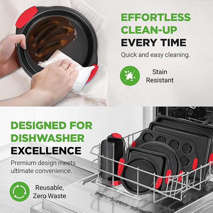 NutriChef Non-Stick Kitchen Oven Baking Pans-Deluxe & Stylish Nonstick Gray Coating Inside Outside, Commercial Grade Restaurant Quality Metal Bakeware with Red Silicone Handles NCSBS8S, 8 Piece Set