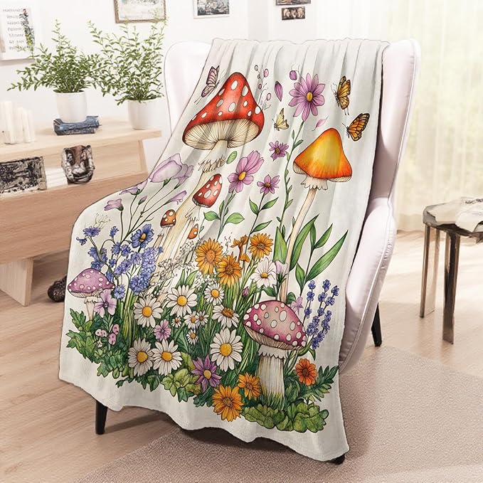 Colorful Mushroom Blanket, Cozy Flannel Flowers and Butterflies Throw Blanket for Couch Outdoor, Plush Soft Lightweight Travel Blankets for Bed Decor and Gifts, for Adults Women Kids 60"x80"
