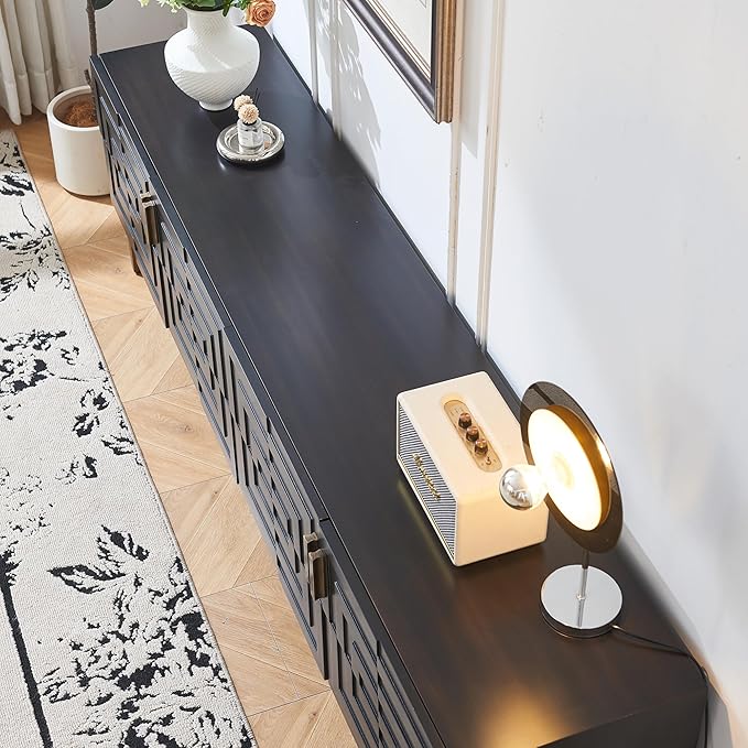 78'' Modern TV Stand with Gold Iron Legs, 4-Door Black TV Table with Shelves, Mid Century Media Console Table for TVs Up to 80''