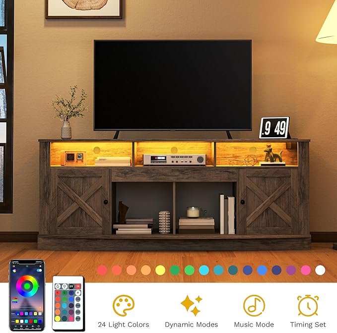 DWVO TV Stand for 75/80 Inch TV, Entertainment Center, LED Light Media Console, TV Cabinet with Barn Doors and Power Outlet for Living Room, Washed Grey