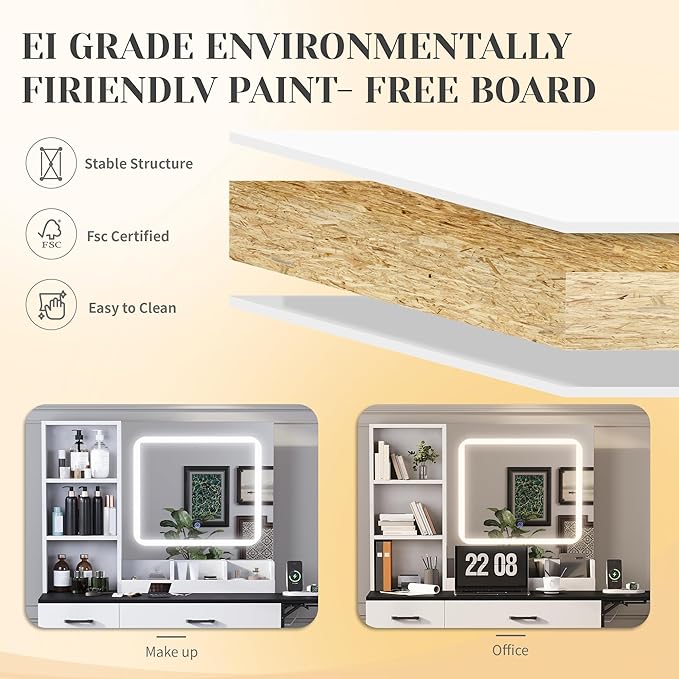 KAMABOKO Vanity Desk with Mirror and Lights, Large Makeup Table Set with 2 Drawers and Storage Stool, Girls Vanity with Fold-up Panel and Power Outlet for Bedroom