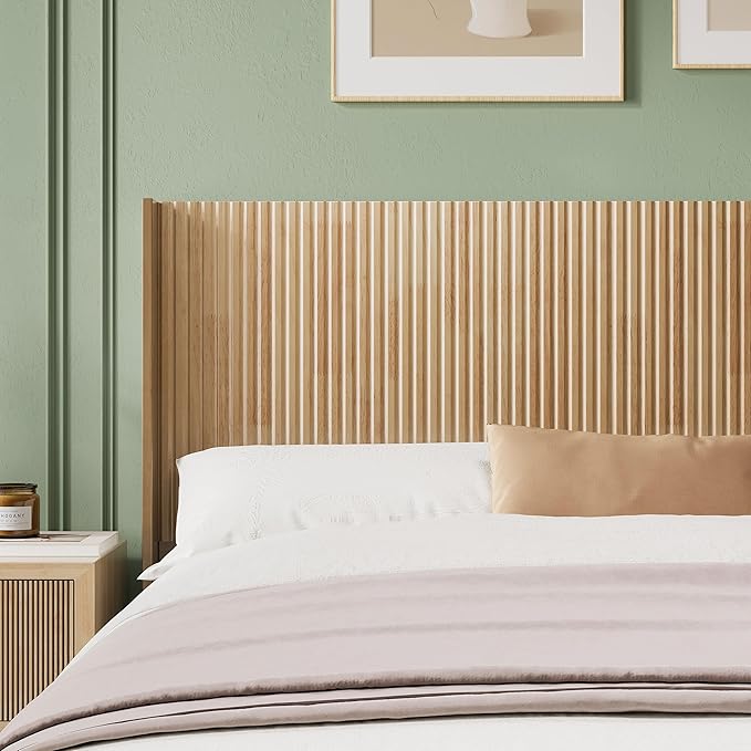Wood Headboard Queen Size, 64.6" Wide Wooden Queen Headboard Only, Modern Farmhouse Headboards, Wall Mounted Fluted Panel, Wingback Boho Headboards, Natural