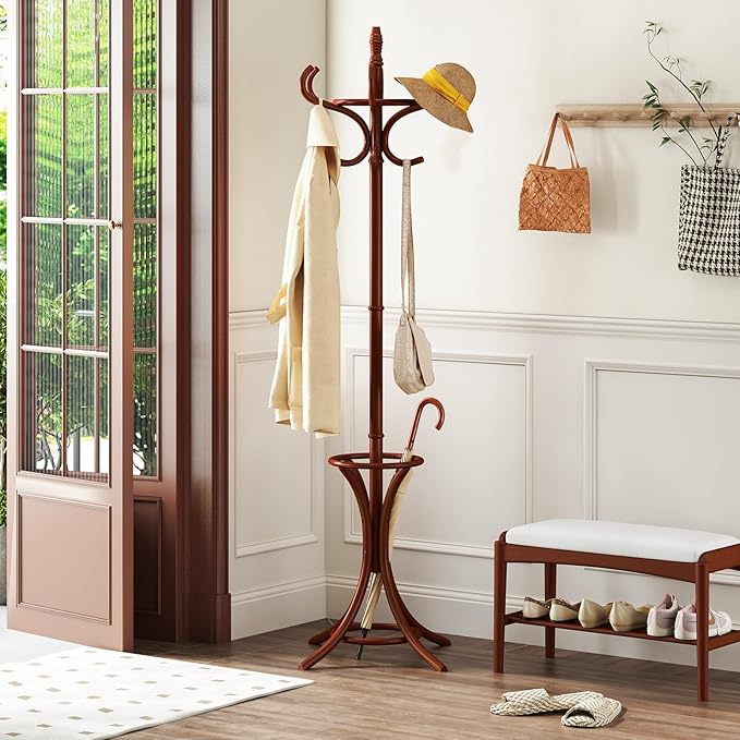 Tangkula Coat Rack with Umbrella Holder, 73 Inch Freestanding Coat Hanger Stand with 12 Hooks, Wooden Entryway Coat Tree for Clothes, Bags, Hats, Scarves, Living Room, Bedroom, Hallway (Reddish Brown)