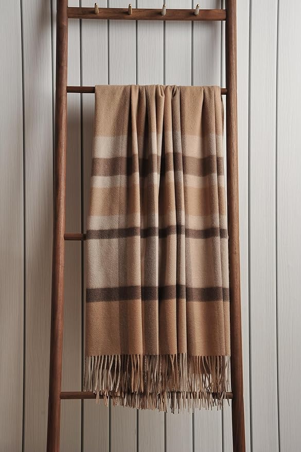 EP Mode 100% Pure Cashmere Throw Blanket for Sofa, Classic Design with Gift Box (Camel Tartan)