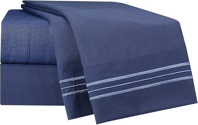 Clara Clark Bed Sheets, Premier 1800 Series 4 Piece Bed Sheet Set, Deep Pocket, Wrinkle, Fade, Stain Resistant, Luxury Soft Bedding Sheets & Pillowcases, California King, Navy Blue