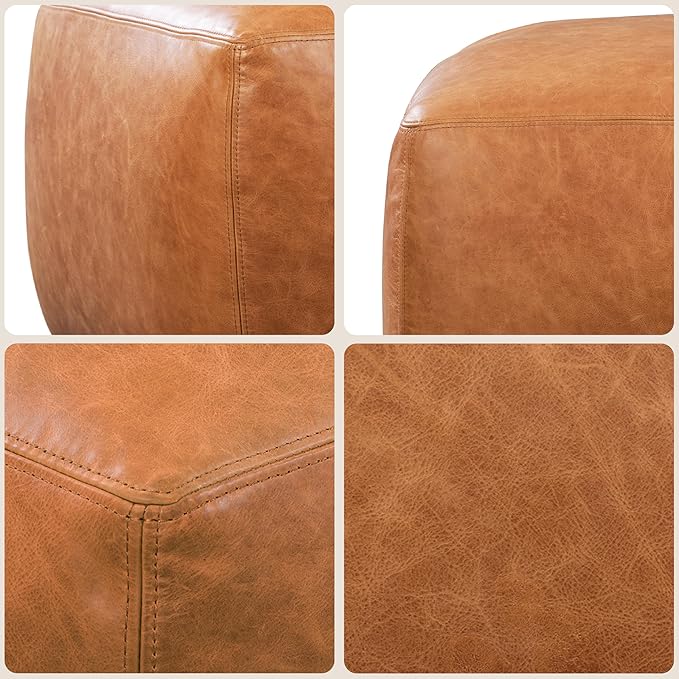 Poly & Bark Denver Ottoman – 43" Large Pouf with Feather-Down Topper – Full-Grain Leather Upholstered Pouf Ottoman for Living Room – Vintage Italian Leather in Cognac Tan