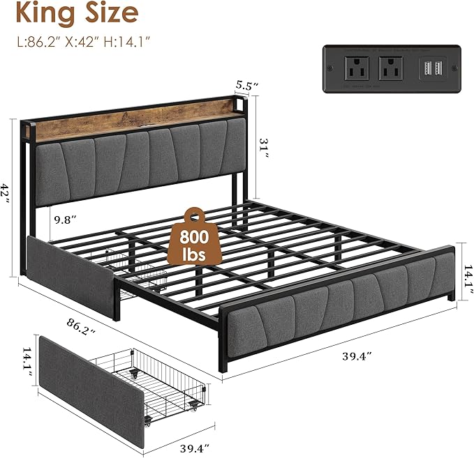 King Size Bed Frame with 2 Storage Drawers and Charging Station, Rustic Linen Upholstered Platform Bedframe with Storage Headboard, Heavy Duty, No Box Spring Needed, Easy Assembly, Noise Free,Grey