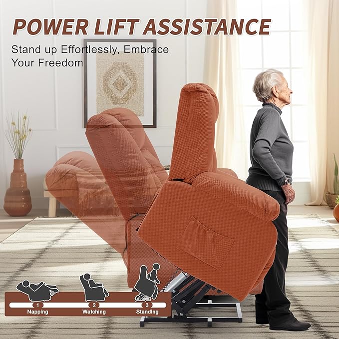 Oversized Dual Motor Power Lift Recliner for Adults, Electric Lift Chair with Heating and Massage, Waffle Fabric Electric Recliner Chair with Side Pockets, Wide Recliner for Living Room