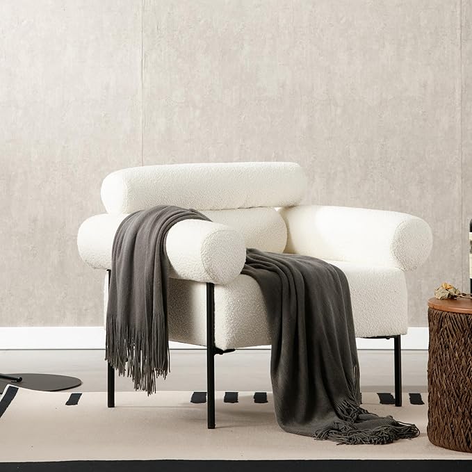 Modern Accent Chair, Boucle Sofa Accent Chair for Living Room, Upholstered Sherpa Mid-Century Modern Armchair, Oversized Reading Chair with Channel Tufted for Bedroom, Office, White