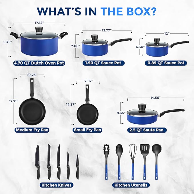 SereneLife 20-Piece Blue Cookware and Knives Set - Includes Multi-Sized Nonstick Pots and Pans with Lids and Utensils, Heat Resistant, Dishwasher Safe