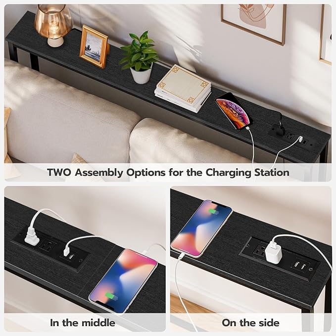 HOOBRO 2 Pack 5.9" Narrow Console Sofa Table with Power Outlets, 47.2" Long Behind Couch Table with Charging Station, Skinny Sofa Table for Living Room, Foyer, Black BB15XGP201G1