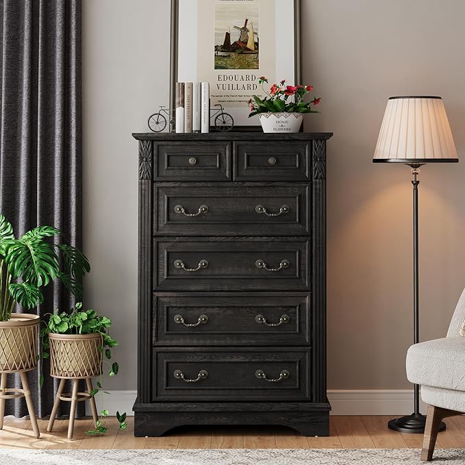 BLANKSPACE Black Dresser for Bedroom, Farmhouse 6 Drawers Dresser,Tall 6 Chest of Drawers Cabinet with Thickened Wood Carving for Home Office,Hallway