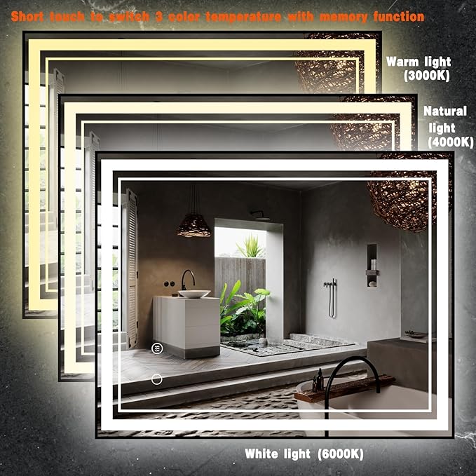 40" x 32" LED Bathroom Mirror with Lights Framed LED Mirror for Bathroom Backlit and Front Lighted Bathroom Mirror Black Square Aluminum Frame Anti-Fog Dimmable Vanity Adjustable Memory