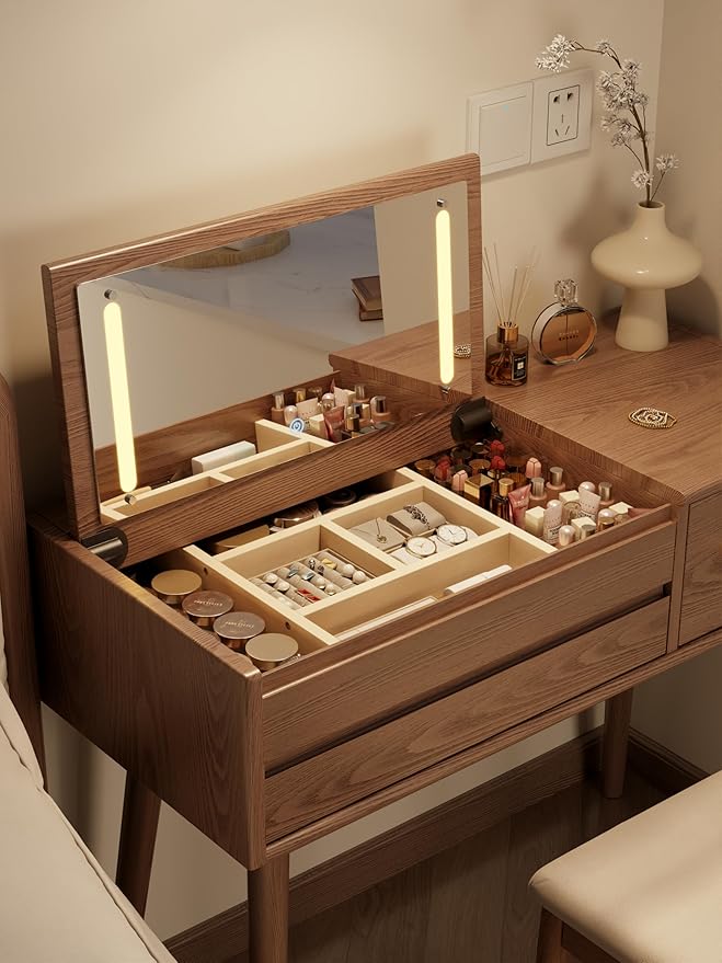 Wood Vanity Desk with Mirror and Lights, Dressing Vanity Table Vanity Set 4 Drawers, 32 Inch Large Make Up Vanity Table Wooden with 3 Lighting Modes (32 inch Wide Original Wood)