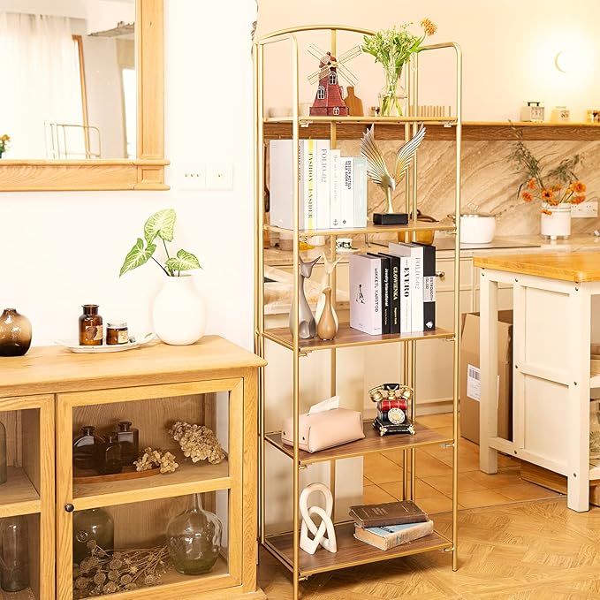 Crofy No Assembly Folding Bookshelf for Living Room, 5 Tier Gold Collapsible Book Shelf for Home Office, Portable Bookcase Storage Organizer