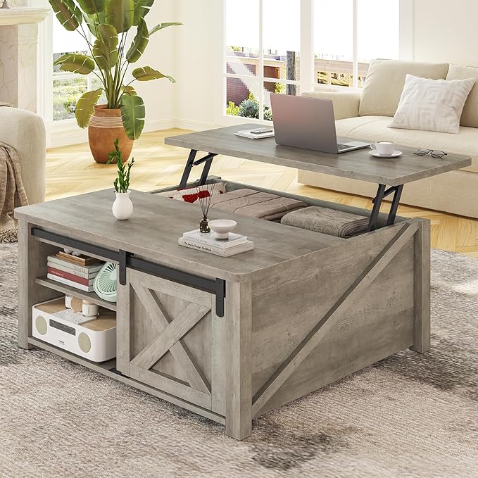 SEDETA 31.5" Lift Top Coffee Table with Storage, Square Coffee Tables for Living Room, Farmhouse Coffee Table with Large Hidden Storage Compartment and Adjustable Shelves, Grey
