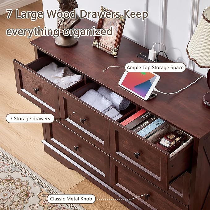 Farmhouse 7 Drawers Dresser for Bedroom with Charging Station, Rustic 7 Chest of Drawers, Wood Dressers for Closet, Modern Storage Organizer Cabinet for Living Room,Hallway & Entryway, Cherry Red