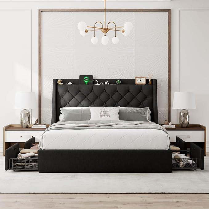 Upholstered Full Size Bed Frame with 4 Storage Drawers, Platform Bed with Large Wingback Headboard, Charging Station, No Box Spring Needed, Easy Assembly, Black