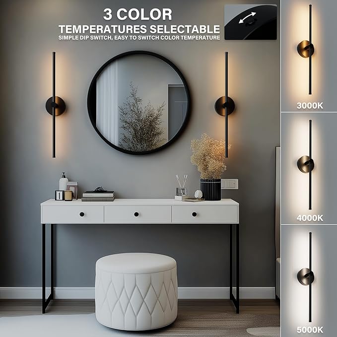 ZAGO 24 Inch LED Indoor Linear Wall Sconces Set of Two, 3CCT Switchable, Matte Black, Hardwired and Wall Mounted, Dimmable for Living Room, Hallway, Bedroom, 120-277V, 14W, 900LM, ETL Certified