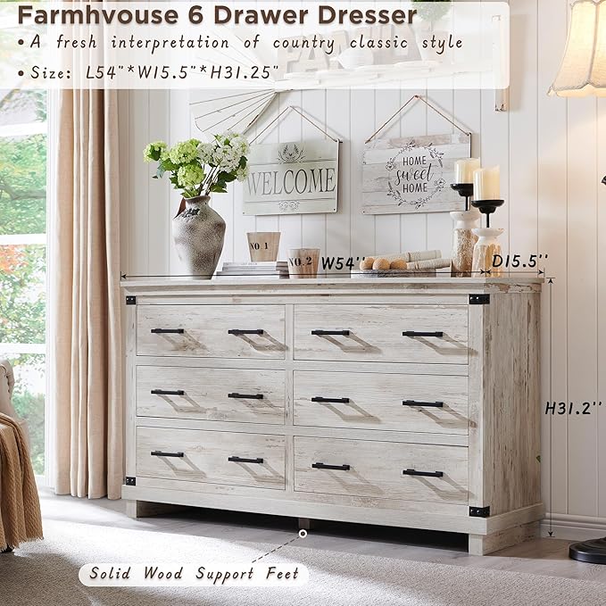 T4TREAM Farmhouse 6 Drawers Dresser for Bedroom, 54" Wide Wood Chest of Drawers w/Natural Texture & Metal Handle, Rustic Storage Dressers Organizer for Living Room, Hallway, Antique Brush White