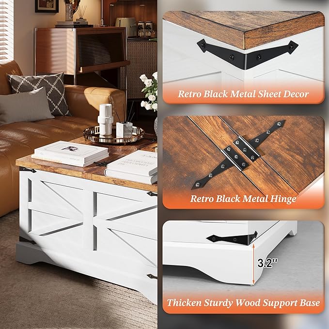 MXV Farmhouse Coffee Table with Storage, Square Coffee Tables for Living Room, Rustic Wood Center Table with Hinged Lifting Tabletop for Home, White