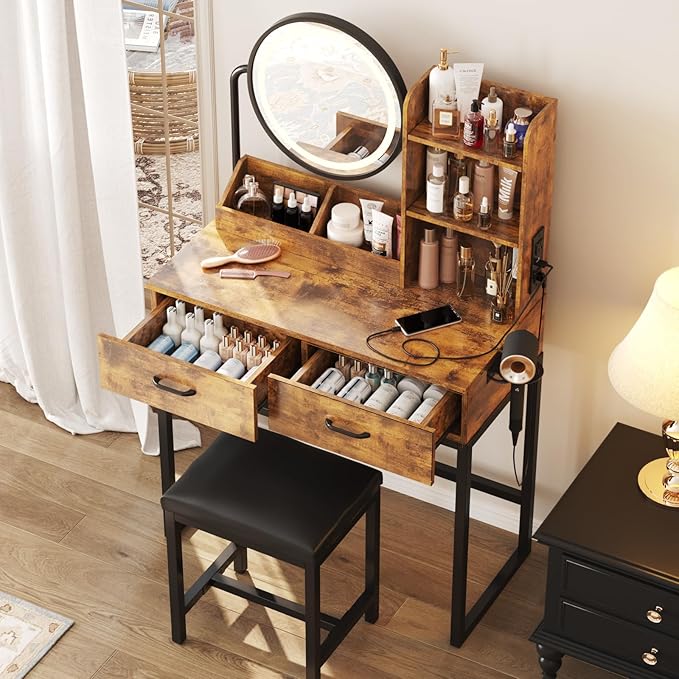 Makeup Vanity Desk with Round Mirror and Lights, Vanity Makeup Table with 2 Drawers, Small Vanity Table for Bedroom with Lots Storage (Brown with Charging, 15.75 * 31.5 * 53.6in)