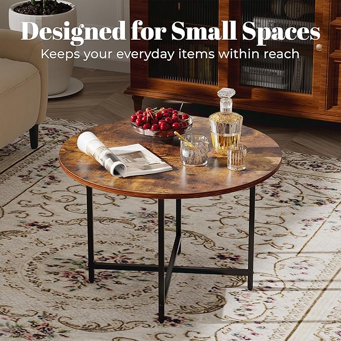 Round Coffee Table, Small Coffee Tables for Living Room, Wood Coffee Table with Metal Frame, Floor Table Desk for Sitting on The Floor, Home, Office, Farmhouse, Rustic Brown (23.6"D x 17.7"H)