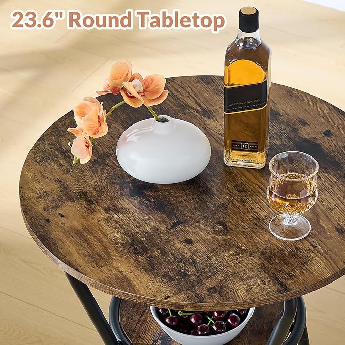 3-Piece Round Bar Table and Chair Set, Small Dining Table for 2, Breakfast Table with 2 Upholstered Stools, Modern Kitchen Bar Table, for Kitchen, Dining Room & Bistro-Rustic Brown