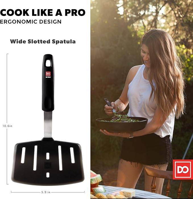 DI ORO Designer Series Wide Slotted Turner Spatula - Features 600F Heat-Resistant No-Melt Rubber Spatula Handle and Blade - Silicone for Cooking or Baking - Dishwasher Safe