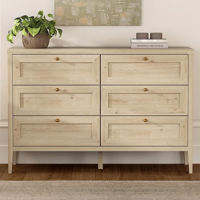 6 Drawer Dresser for Bedroom 47" Wide Chest of Drawers Mid Century Modern Wooden Storage Dresser Organizer TV Stand for Living Room, Hallway, Light Oak