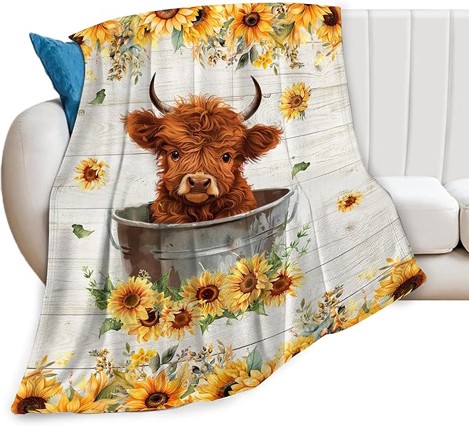 Highland Cow Sunflower Blanket Cow Throw Blankets Cozy Fleece Flannel Blanket Bedding Highnald Cow Gifts for Men Women Boys Girls Kids Teens for Couch Sofa Bed Decor 50"X60"