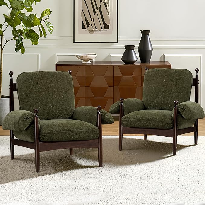 Mid Century Modern Accent Chair with Arms, Upholstered Spindle Chair with Wood Frame, High-Resilience Sponge Cushion for Living Room Bedroom Office