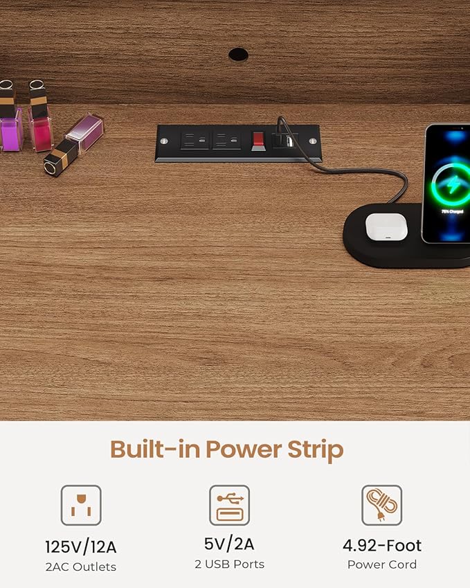 AOGLLATI Vanity Desk with Mirror and Lights, Makeup Vanity Desk with Lights, Large Mirror with Charging Station and 3 Color Lightbox, White Vanity Table with 7 Drawers for Bedroom, Dark Brown