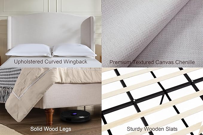 GDFStudio Tall Headboard Upholstered Bed,Queen Size Platform Bed Frame with Headboard Wingback,54" High No Box Spring Needed Easy Assembly Minimalist Designs Premium Textured Canvas Chenille