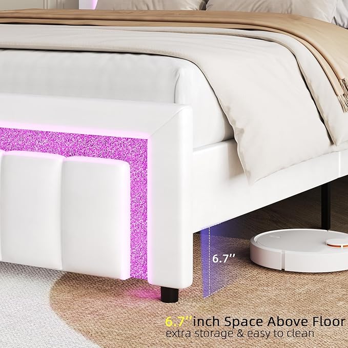 HOMBCK King Size Bed Frame with LED Lights and Velvet Upholstered Headboard, Bed Frame King with Modern Diamond Headboard Adjustable, Wooden Slats Support, Noise Free, No Box Spring Needed, White