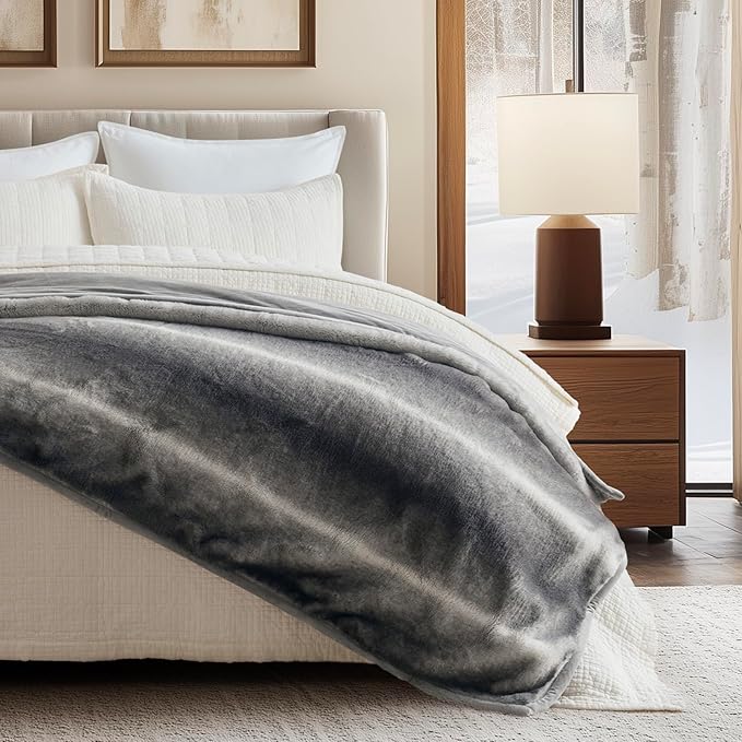 Ultra Soft Luxury Fluffy Mink Faux Fur Throw Blanket, Thick Warm Fall Winter Blankets for Bed, Couch, Cozy Plush Reversible Blanket for Chair, Sofa (Ombré Silver Onyx, 50"x60")